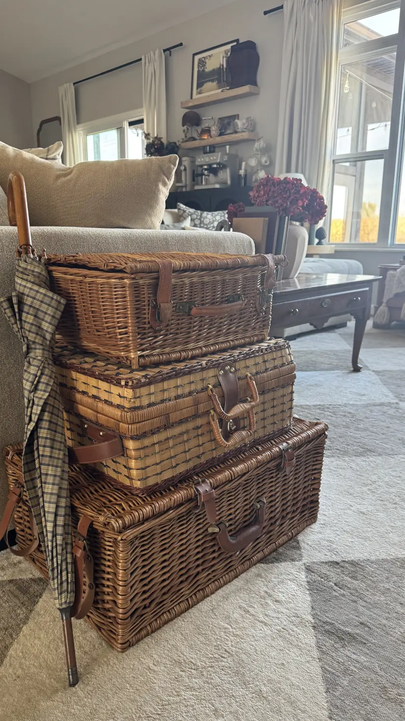 Stacked wicker trunks with leather straps beside a plaid umbrella in Logan's living room