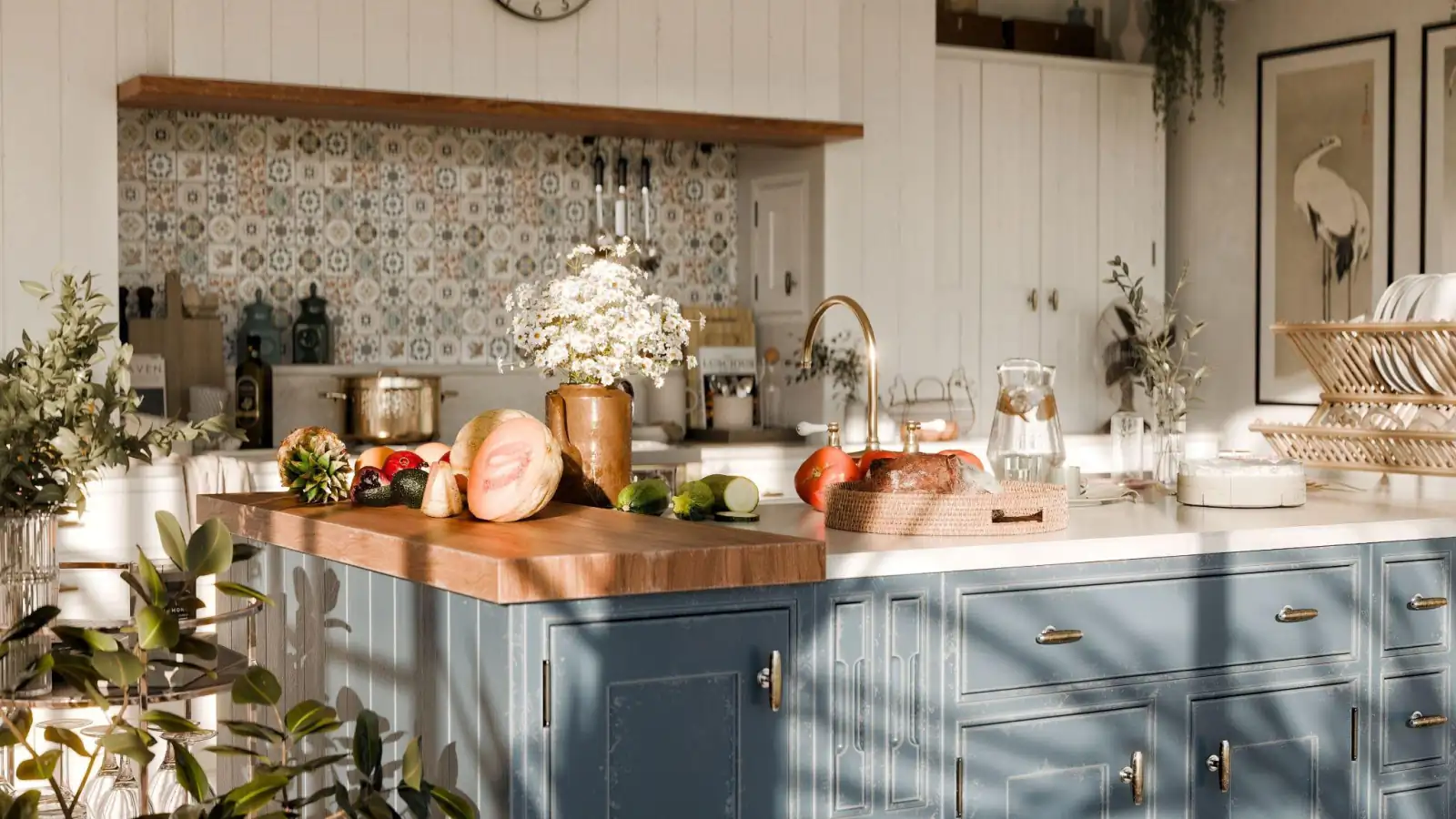 Bright kitchen with a blue island and warm wood countertop
